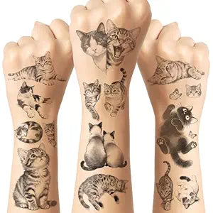 60+ Styles 10 Sheets Black and White Cat Temporary Tattoos, Realistic Sketch & Cartoon Kitten Body Art, Cat Lovers Party Favors Birthday Gift, 3.9" x 2.4" Long Lasting Tattoos