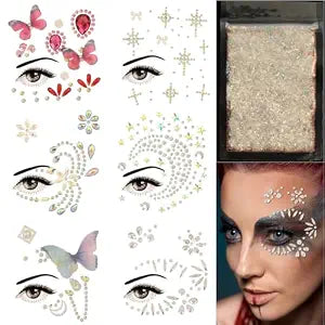 DECOYARDOO 6 Sheets Face Jewels Self-Stick Body Gems and 10g Chunky Glitter