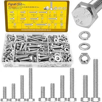 260PCS 1/4-20, 5/16-18, 3/8-16 Hex Bolts Assortment Kit,304 Stainless