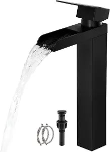 Black Tall Waterfall Bathroom Faucet, Single Hanlde Vessel Sink Faucet with Waterfall Spout, Bathroom Faucets for 1 Hole, RV Lavatory Vanity Mixer Bar Tap with Pop Up Drain and Hoses KMBF015B