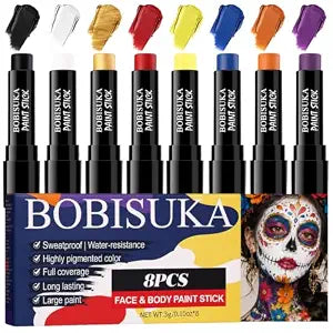 8PCS Face Body Paint Stick, Oil Based Face Painting Kit for Halloween Clown Monster Skull Vampire Costume Cosplay Makeup, Sports Eye Black for Football, Baseball, Softball