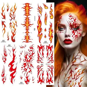 6 Sheets Flame Temporary Tattoo Stickers Realistic Waterproof Face Body Arm Makeup Decoration for Women Men Halloween Party Arm Collarbone Leg DIY Art Props (Red Orange)