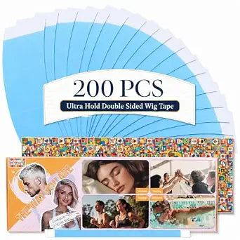 200pcs Wig Tape Double Sided Ultra Hold, Waterproof Lace Front Tape for Wigs, Strong Hold Adhesive Tape for Lace Wigs, Toupee & Hair Extensions, Blue Wig Tape Strips Easy to Apply & Remove