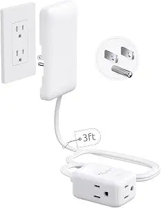 3FT Flat Extension Cord with Outlet Cover, 3 AC Outlets, 3-Prong Plug