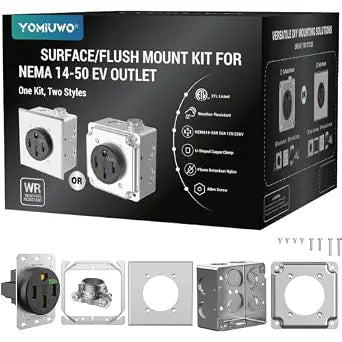 Nema 14-50 EV Outlet (Surface/Flush Mount Kit) Weather Resistant 50 Amp EV Charging Receptacle Heavy Duty, U-Shaped Brass Clamp -Industrial Grade, 3-Pole 4-Wire Grounding, ETL Listed