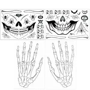 Skull Halloween Tattoos Temporary Skeleton Face Tattoos Hands Skeleton Makeup Halloween Costume Accessories for Men and Women, Adult, Face Stickers