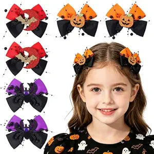 6PCS Halloween Hair Bows for Girls with Glitter Pumpkin Spider Bat