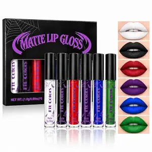 6pcs Halloween Liquid Lipstick Makeup Set, Black Blue Green Purple Red White Lipstick for Women, Long Lasting & Waterproof Halloween Lip Gloss for Clown, Witch, Vampire, Cosplay, and Goth Makeup