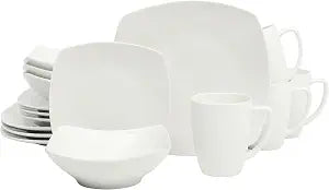 Gibson Home Zen Buffet White Porcelain Dinnerware Set for 4, Square Plates Bowls and Mugs, Chip and Scratch Resistant, Dishwasher and Microwave Safe, 16 Piece