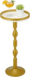 Small Round Gold Side Table, Drink Table, White & Gold, 27" Tall