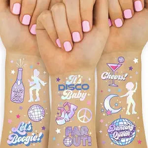 xo, Fetti 48pc Disco Birthday Party Temporary Tattoos - Iridescent Foil | Birthday Girl Party Decorations, Dancing Queen, 70s Groovy Party