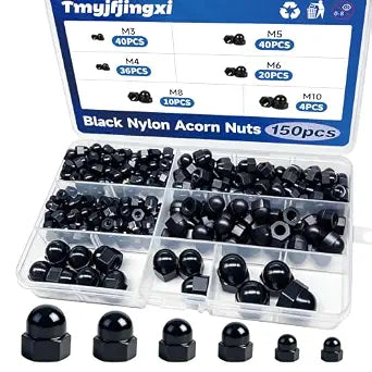 150PCS Black Acorn Cap Nuts Assortment Kit M3 M4 M5 M6 M8 M10 Nylon Dome Hex Nut Bolt Covers Caps for Screws YY042