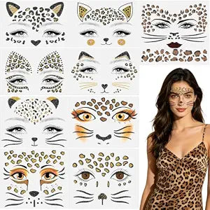 JUNEBRUSHS 9Sheets Glitter Leopard Face Stickers Cheetah Print Face Jewels