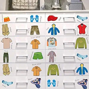 Chinco 32 Pcs Dresser Labels for Kids Drawer Clothing Stickers 4 Sheets Wardrobe Stickers Decals for Boy Girl Kids Clothes Labels for Drawer Wall Bedroom Home Decor