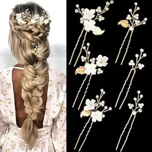 6 Pieces Flower Pearl Wedding Hair Pins, Handmade Gold Leaf Bridal Hair Styling Headpiece Jewelry for Brides Bridesmaids Flower Girls(Flower Pearl Style)