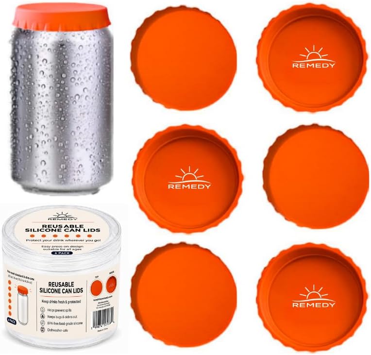 Sunshine Remedy Reusable Silicone Soda & Beer Can Lids, 6-Pack (Orange)