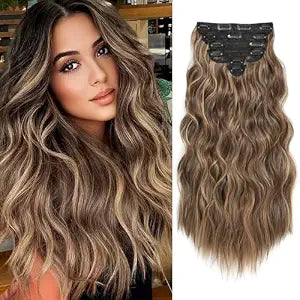 Clip in Hair Extensions for Women, 6PCS Long Wavy Curly Clip on Hair Extensions 20 Inch Honey Blonde Mixed Light Brown Synthetic Hairpieces