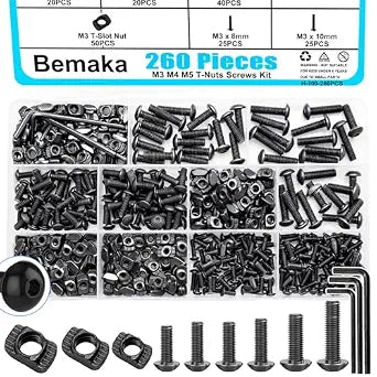 260PCS M3 M4 M5 T Slot Nut Screws Kit, T Nuts and Bolts Assortment Kit for 2020 Series Aluminum Profile, Mlok Screws Nuts Replacement