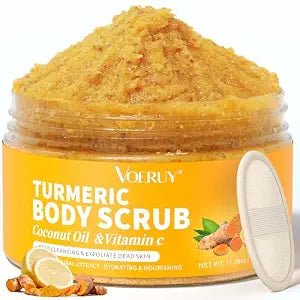 VOERUY Body Scrub, Turmeric Exfoliating Body Scrub, with Coconut Oil & Vitamin C, Bikini Area Exfoliator Gently Exfoliate Body Hand and Foot Scrub, Moisturized Skin for Women and Men, 11.28oz/320g