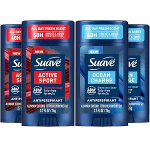 Suave Antiperspirant Deodorant for Men Variety 4-Pack ��� Active Sport, Bergamot & Wood + Ocean Charge, Marine & Driftwood, 48H Sweat & Odor Protection, 2.7 Oz Ea