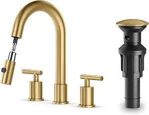 Ryuwanku Brushed Gold Pull Down Bathroom Faucet with Pop-up Drain, 8 inch Widespread Bathroom Faucet 3 Hole with Pull Down Sprayer 2 Modes. 8'' Brushed Gold Bathroom Faucet with Supply Lines
