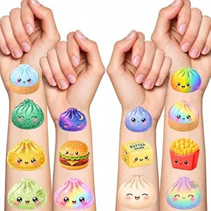 60Pcs Squishy Temporary Tattoos - 2 inche Kawaii Cartoon Ice Cream Bao Bun Waterproof Fake Tattoo Stickers Supplies for Fans Party Favors Adult Boy Girl Christmas