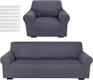 HunnmingRe 2 Pcs Sofa Slipcover Set Couch Cover for Sofa Arm Chair Couches Covers, Washable Furniture Covers for Living Room Furniture Protector, Stretch (Dark Gray)
