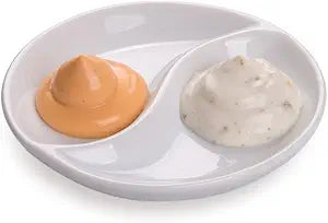 Restaurantware Sauce Plates 10 Count 3.5 Inch Porcelain Dual-Compartment Dishes Chip-Resistant White Porcelain Serving Tray Oven, Dishwasher-Safe Appetizer Plates for Dipping Sauces, Starters