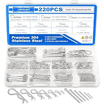 Cotter Pin Assortment Kit, 220PCS Cotter Pins 13 Sizes Premium 304 Stainless Steel Heavy Duty R Clips & Hairpin Split Pin Set, Hardware Pins for Automotive, Trailer, Pin Lock System