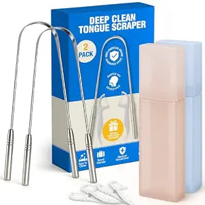 Stainless Tongue Scraper Set for Adults��� Easy To Use For Oral Care and Hygiene ��� Pack Of 2 Stainless Steel Tongue Cleaners, 2 Travel Cases, 4 Floss Picks ��� Cleaning for Tongue Care & Fresh Breath