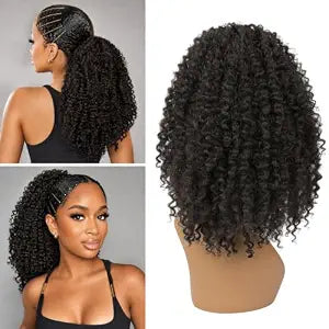 REECHO Curly Drawstring Ponytail Extension, 16 Inch Super Protein Fiber Afro Kinky Curly Ponytail Hairpiece for Black Women Messy Bun Hair Pieces Updo Accessories - Black Brown