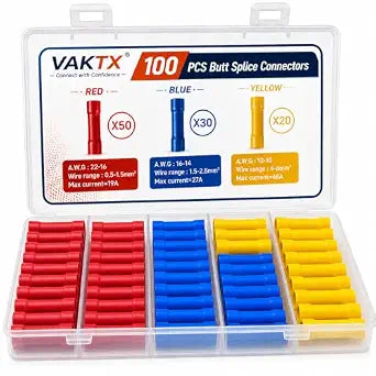 100pcs Butt Splice Connectors Kit, Electrical Crimp Wire Connectors, Assorted Red/Blue/Yellow Butt Connectors for 22-10 AWG, Ideal for Automotive, Home & Workshop Wiring