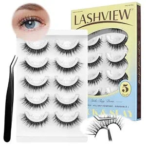 LASHVIEW Self Adhesive Eyelashes, 5 Pairs Natural Look Press On Lashes No Glue Need Eyelashes Reusable Cat Eye Wispy Self-adhesive False Lashes with Replacement Strips & Tweezers (C122)