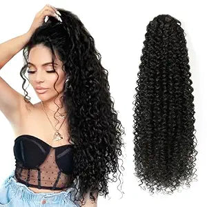 28inch Drawstring Ponytail Extension,Black Hair Extensions For Women,Long Curly Ponytail Synthetic Hairpieces for Daily Use (1B)