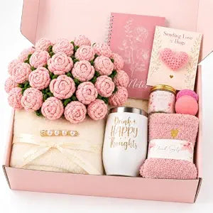 Care Package for Women, Get Well Gift Basket, Flower Bouquet Blanket, Pink