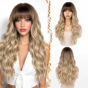 Ombre Blonde Synthetic Wig with Bangs Long Wavy Wig for Women 26"