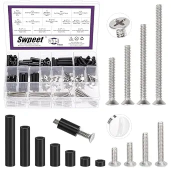 Swpeet 385Pcs 6-32 Thread Extra Long Outlet Screws, Slotted Wall Plate Screws and Electrical Outlet Spacers Extender Kit, Electrical Outlet Screws, Switch Plate Screws, Nylon Round Space