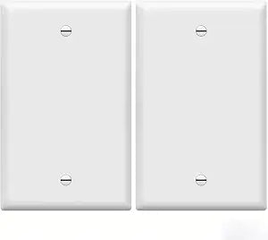 Midsize 1-Gang Blank Wall Plate Cover Gloss Finish, Standard Size 1-Gang 4.89" x 3.12", Polycarbonate Thermoplastic, Electrical Covers for Unused Outlets/Switches, White 2 Pack