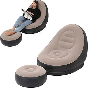 Inflatable Lounge Chair for Adults, Folding Portable Lazy Sofa with Foot Stool Lazy Flocking Recliner Chair Air Couch Sofa for Indoor Outdoor Travel CampingNo Pump