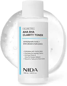 NIDA AHA BHA Clarity Toner | AHA, BHA, Arginine | Exfoliate, Hydrate, Pore Control, Smooths Texture, Tone Care | 5.07 fl. oz., 150ml