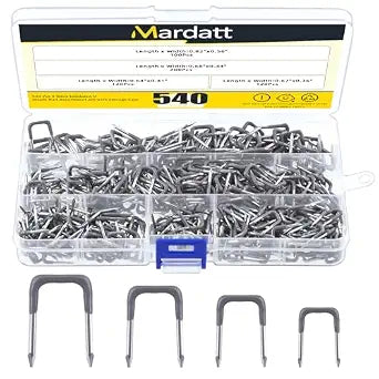 540 Pcs Insulated U Staple Nail Assortment Set with Storage Case, 0.56", 0.44, 0.41", 0.36" Metal Cable Staple for Fixing Electrical Wire