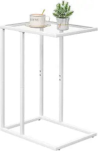 Easy Paws Small C Shaped Table for Sofa,Glass Couch Sofa Tray Snack Table for Living Room, Bedroom,TV Tray Table for Small Space,Accent Coffee Table,Nightstand with Metal Frame(White)