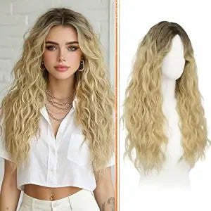 Haloo Blonde Wigs with Curtain Bangs - 26 Inch Long Wavy Curly Middle Part Soft Natural Looking Synthetic Hair Wig for Women Daily Party Cosplay Costume Use, Ombre Blonde