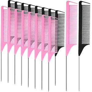 Patelai 18 Pcs Rat Tail Combs with Steel Pintail, Black，pink