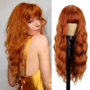 Long Orange Wig with Bangs,Ginger Wavy Wigs for Women