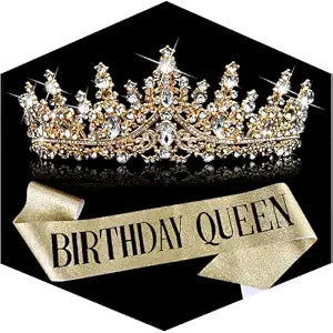 TOBATOBA Birthday Queen Sash and Crown for Women - Gold Rhinestone Tiara and Sash Set for Birthday Decorations Outfits for Women
