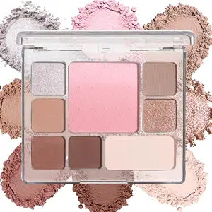 All-in-One Makeup Palette with 6 Matte Shimmer Eyeshadows, Ombre Blush & Contour, Highly Pigmented Blendable Face Palette for Daily Makeup, Travel, Office, Dates & Gift for Women(02 Milk Tea Nude)