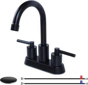Matte Black Bathroom Faucet, 4 Inch 2 or 3 Holes Centerset Two Handles Matte Black Stainless Steel Bathroom Sink Faucet, Basin Lavatory Mixer Tap for Vanity Sink with Drain & Supply Hoses