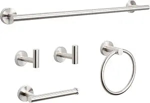 NearMoon 5 Pieces Bathroom Hardware Set SUS304 Thicken Stainless Steel-Towel Rack Kit Include 26" Towel Rod +Bath Towel Ring +Toilet Paper Holder +2 Robe Towel Hooks Bath Accessories (Nickel)
