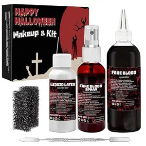 Halloween SFX Makeup Kit Fake Blood(100ML) + Liquid Latex(60ML) + Fake Blood Spray(30ML) + Spatula Tool + 2Pcs Stipple Sponge For Scary Halloween Special Effects Cosplay Costumes Decorations